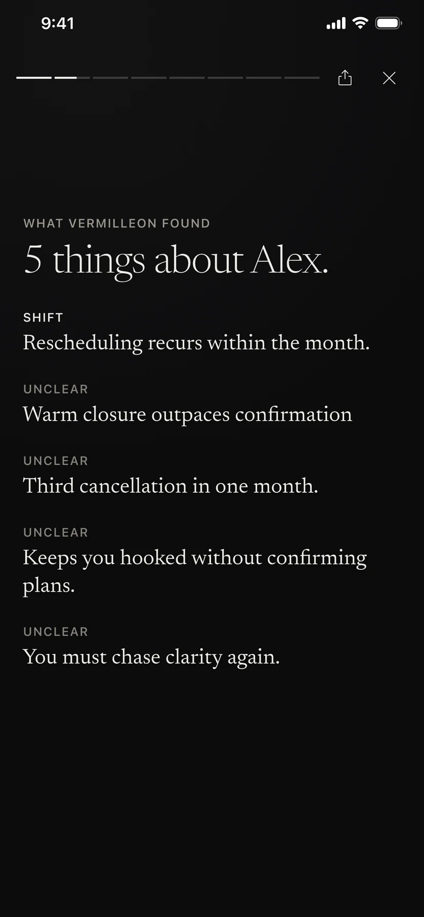 What Vermilleon found about Alex: five findings, one shift and four unclear